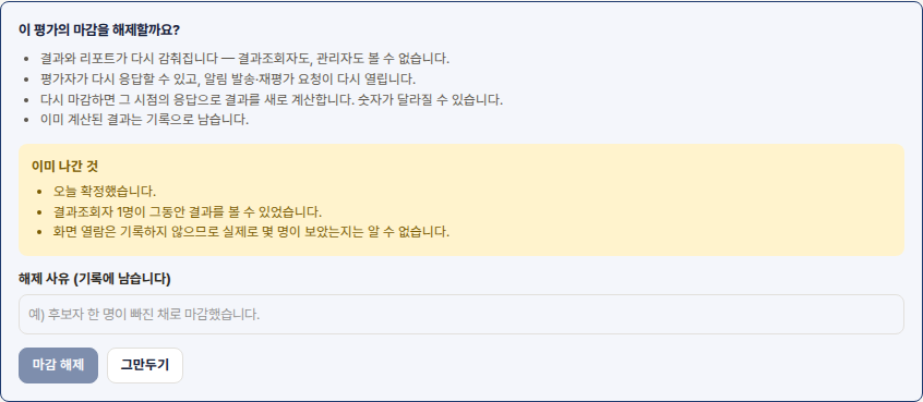 마감 해제 확인 창. 무엇이 감춰지는지와 이미 나간 것이 함께 적혀 있다