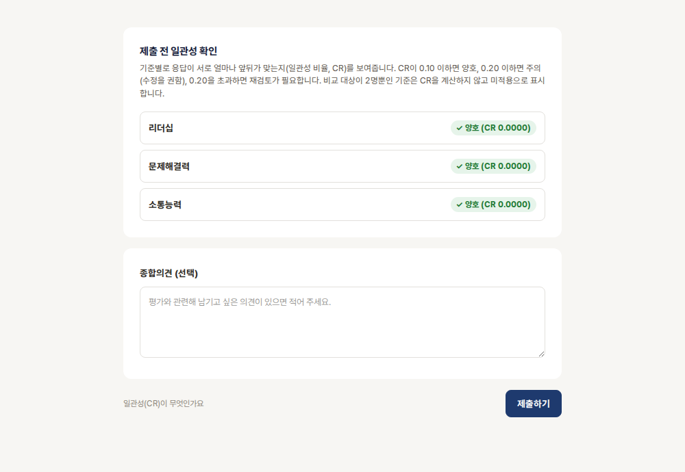 제출 전 일관성(CR)을 확인하는 화면